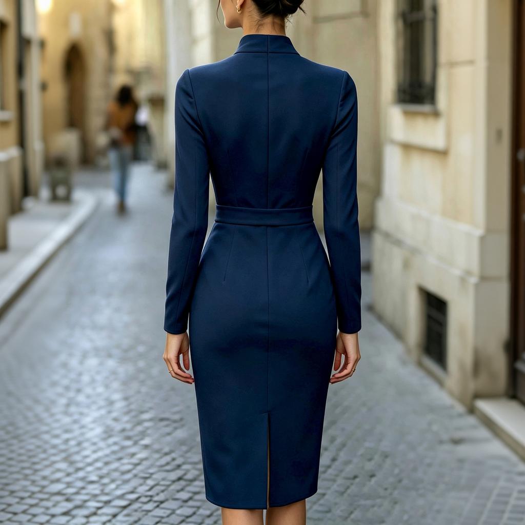 Women's Long Sleeve Bodycon Dress with Mandarin Collar and Wrap Front for Work and Party
