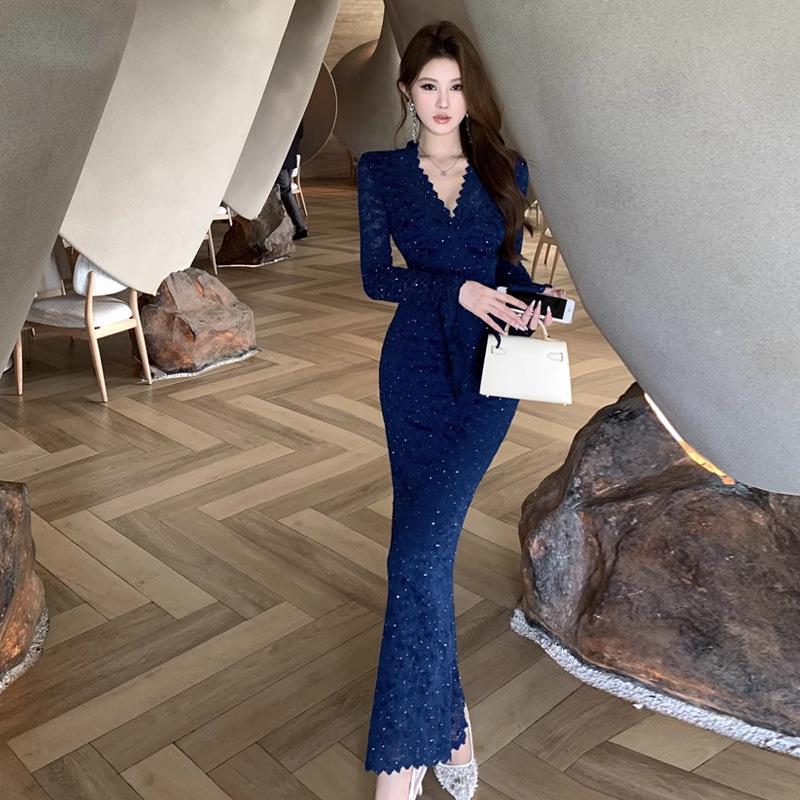 

Женское темпераментное платье Imperial Sister с длинными рукавами и кружевом, облегающее по фигуре L синий