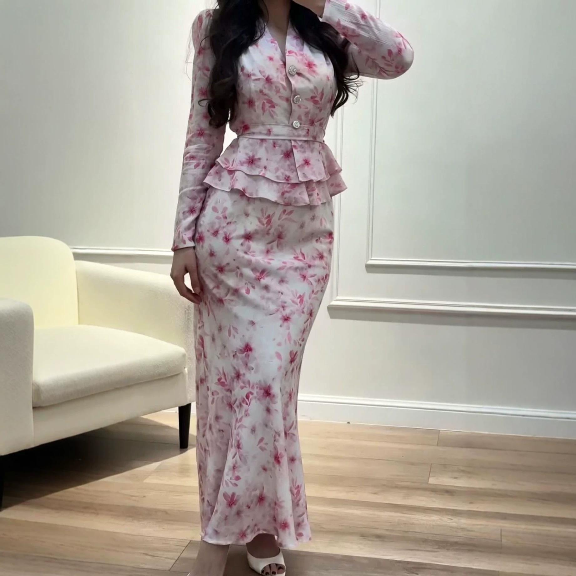 autumn new European and American Amazon cross-border V-neck floral ruffle edge top fishtail skirt set XS