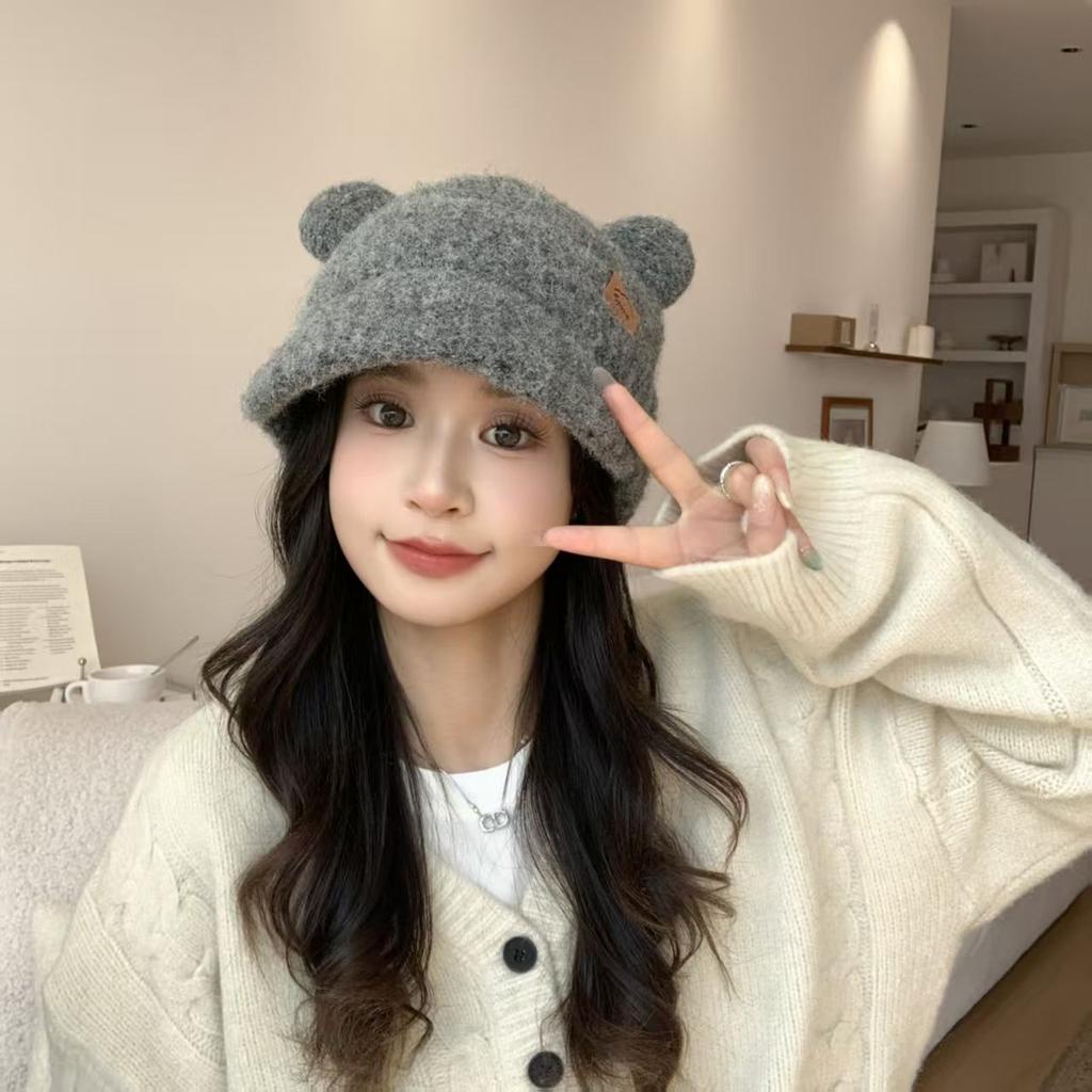 Autumn and winter new cute bear round ears wool hat women's headband hat showing a small face warm ear protection knitted hat