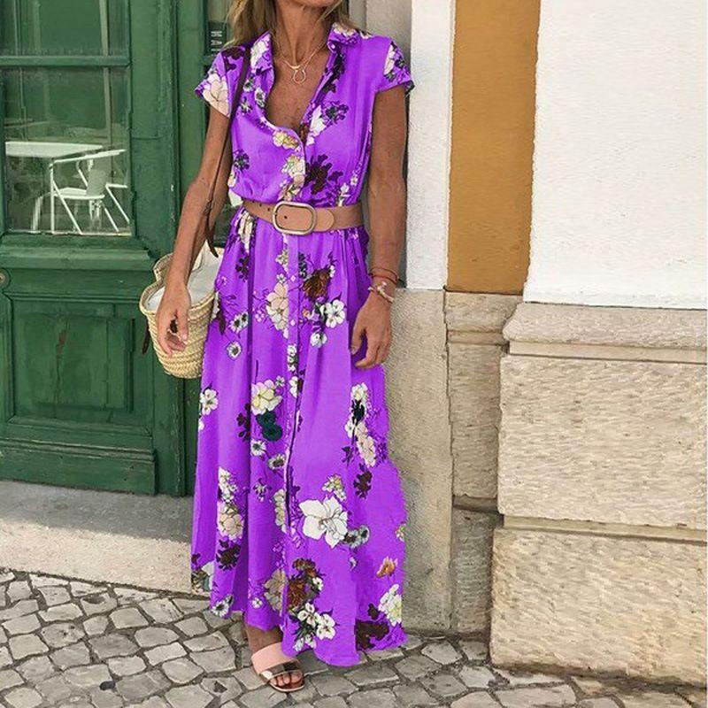 

Retro Print Bohemian Vacation Long Dress Purple + belt L