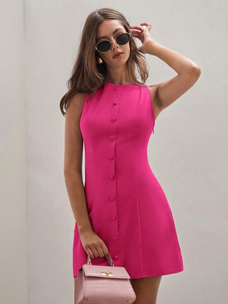 Women Sleeveless Button Front Mini Dress High Neck Solid Color Elegant Casual Shift Dress Summer Outfit