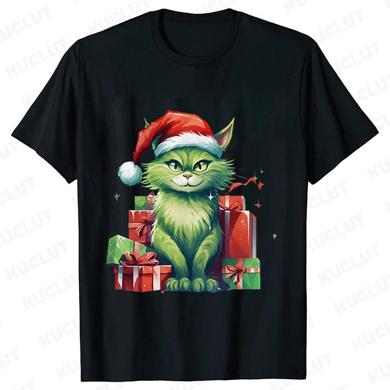 New Year Short Sleeve Tshirt Cute Cat Print Tops Fashion Xmas Unisex Tees Shirt Trend Graphic Christmas Male Oversized Clothing