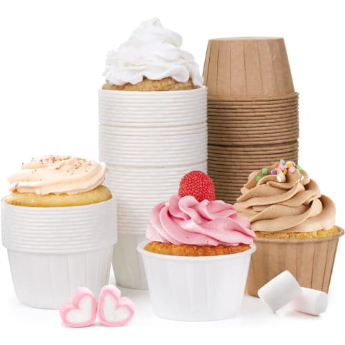 Momee Disposable Paper Muffin Cups, Cake Molds, Heat-Resistant, Oil-Resistant, Oven-Safe, Baking Supplies, Pack of 100 (50 Wood-Tone + 50 White)