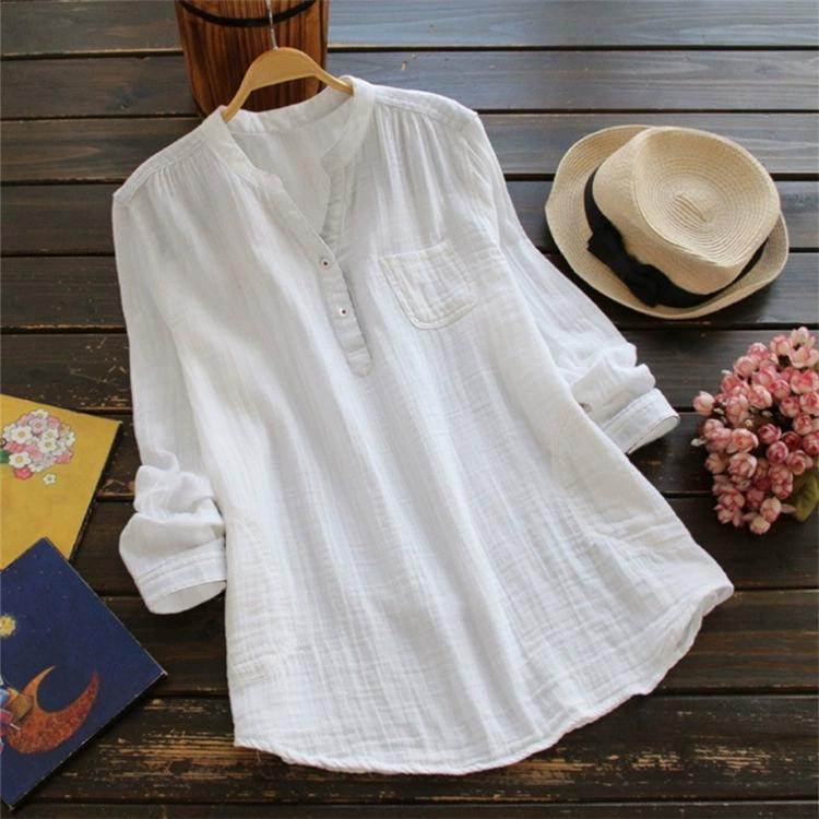 Women's Summer Plus Size Solid Color Long Sleeve Stand-up Collar Shirt Sweet Cotton and Linen Comfortable Commuter Blouse