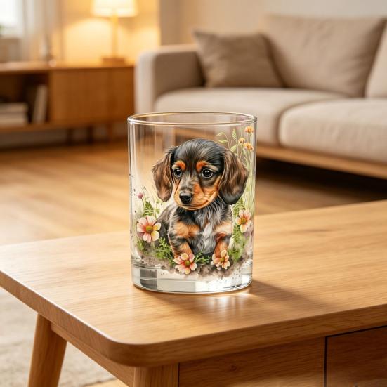 Whiskey Glass, Dachshund Glass Tumbler, Hand Painted Dog Floral Cup for Whiskey Coffee, Home Bar Gift for Dog Lovers