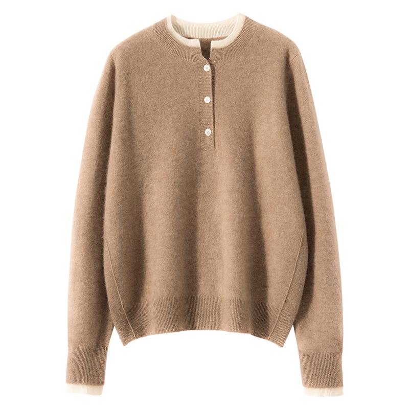 Lekasha Women's Cashmere Color Block Two-in-One Round Neck Long Sleeve Sweater
