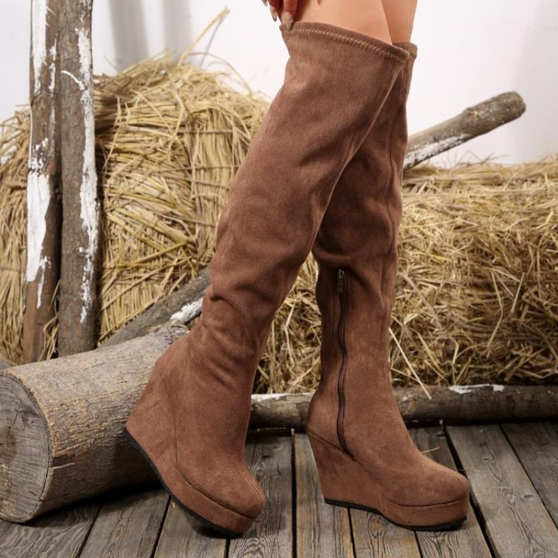 

Модные осенние новые высокие сапоги женские с круглым носком из замши с боковой молнией на платформе нескользящие износостойкие плиссированные ботильоны на танкетке 42