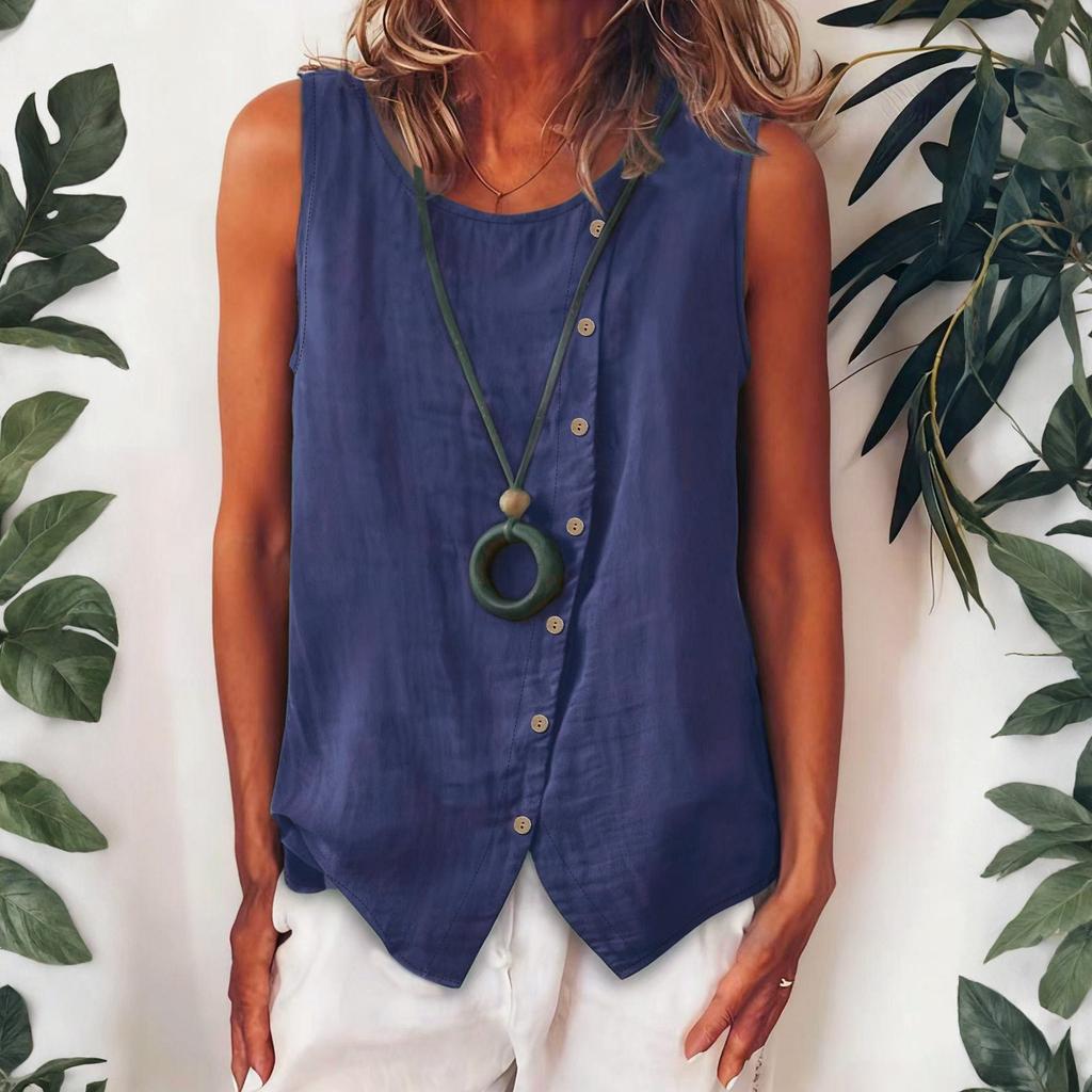 Women's Sleeveless Button-Up Shirt Loose-Fit Vest Top With Single Side Button