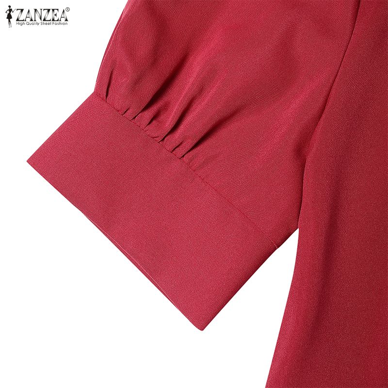 ZANZEA Women Casual Stand Collar Short Sleeve Solid Color Elegant Dress