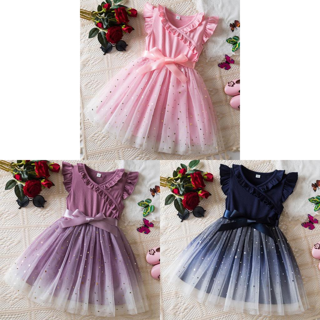 Princess Girl Summer Dress With Glitter Star Sequins And Pleated Cotton Blend