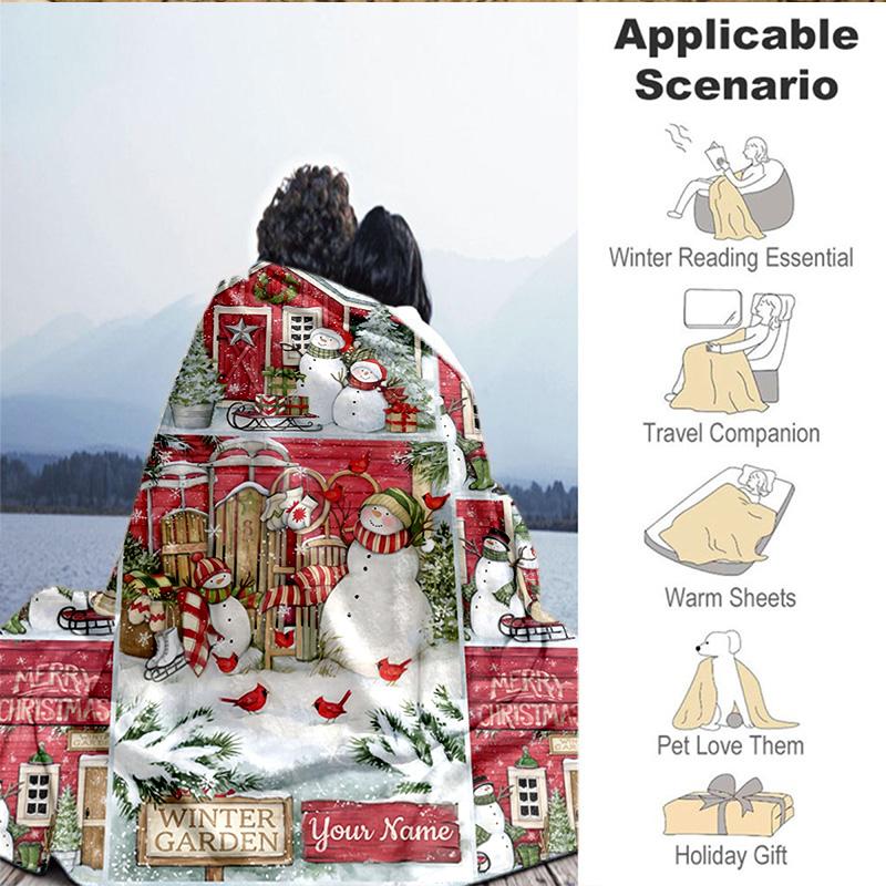 1PC Custom Name Blanket Santa Snowman Friendship Flannel Blankets Patterns Throw Blanket All-Season Soft Gift for Couch, Bed, Camping, Birthday Gifts