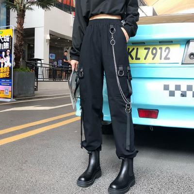 Elastic Waist Spring Summer Harem Casual Women Pants Streetwear Slim Fit Ribbons Joggers Ankle Length Cargo Pants For Girls With Chain