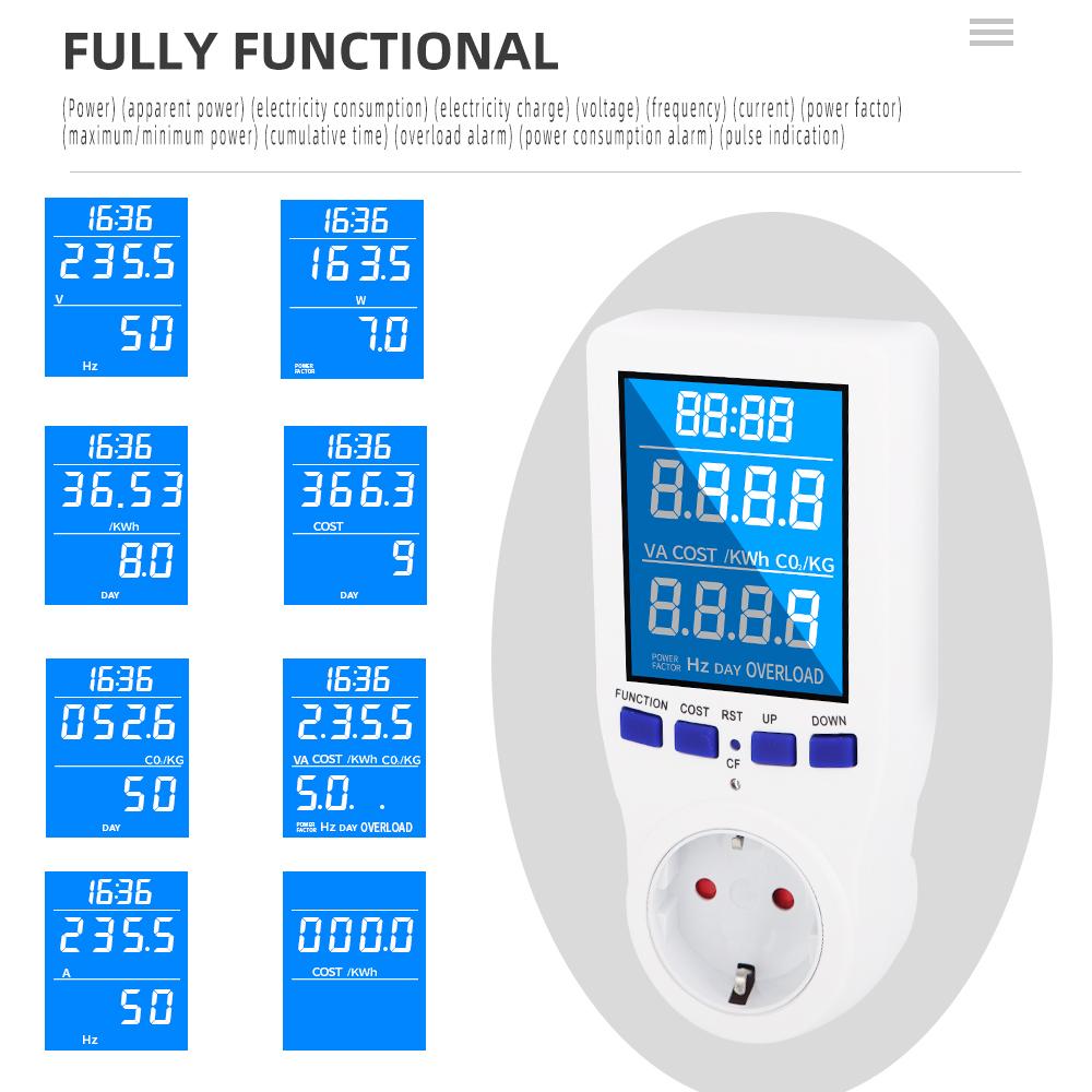 Power Meter AC 110/230V Electricity Consumption Monitor Wattage Kwh Energy Meter EU US UK Plug Outlet Power Analyzer LCD Display
