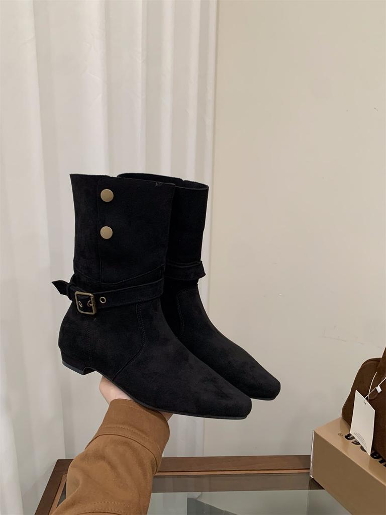 Coarse Heel Suede Medium Boots Boots Season Western Cowboy Boots with Skirt Skinny Boots Short Boots