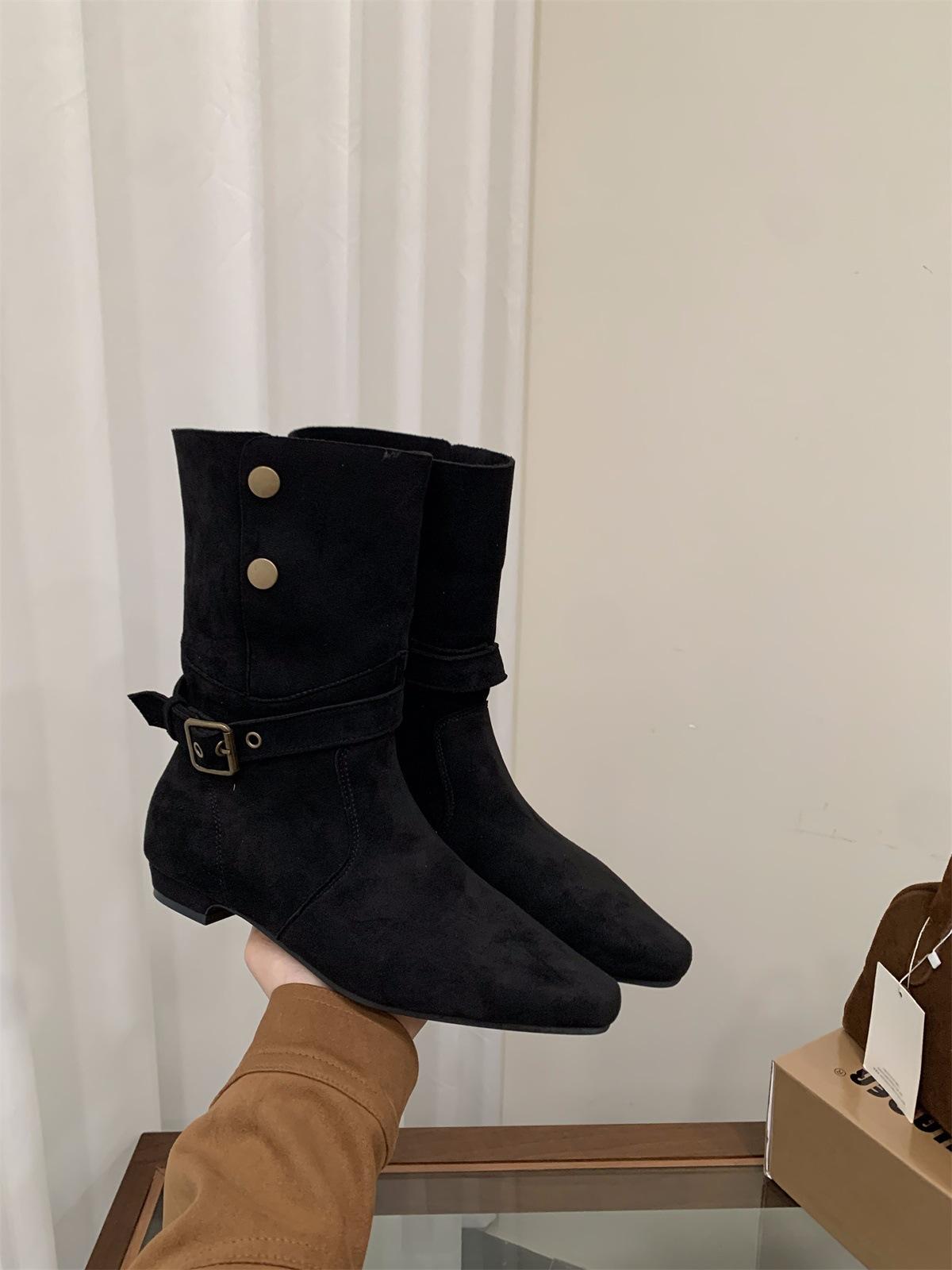 Coarse Heel Suede Medium Boots Boots Season Western Cowboy Boots with Skirt Skinny Boots Short Boots 35