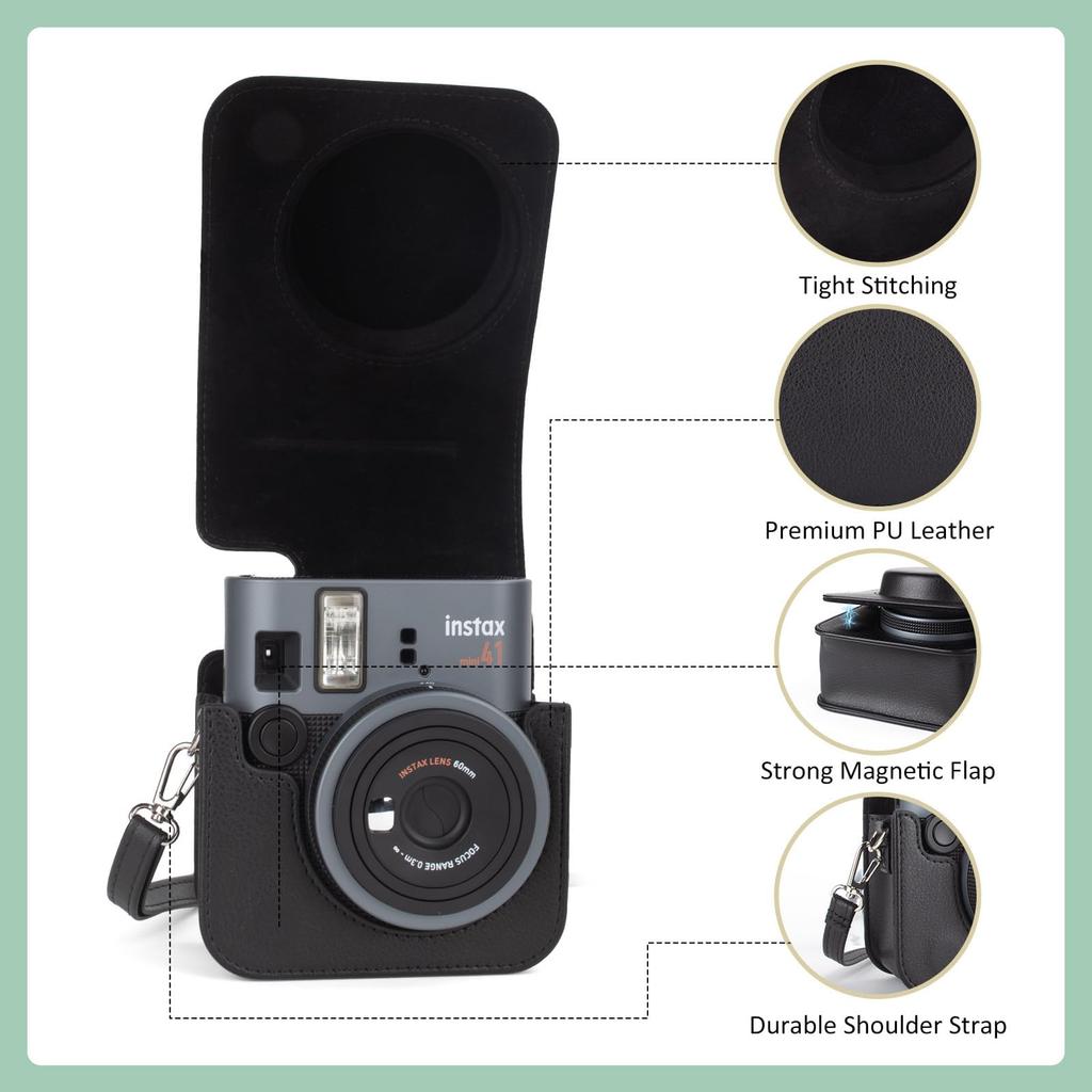 HIYQIN Fuji Instax Mini 41 Camera Case with Magnetic Photo Frame, Protective Cover, and Carrying Bag with Shoulder Strap - Black