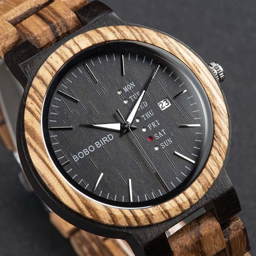 BOBO BIRD Men's Wood Watch, Analog Quartz Movement, Week Display, Lightweight, Handmade Wooden Watch for Men