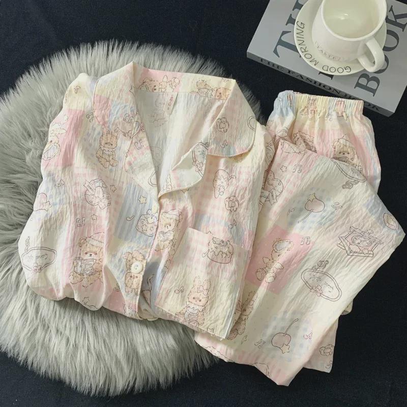 "Dámské bavlněné pyžamo s třešňovým medvídkem - Jaro/Podzim, Dlouhý rukáv, Roztomilý kreslený svršek"