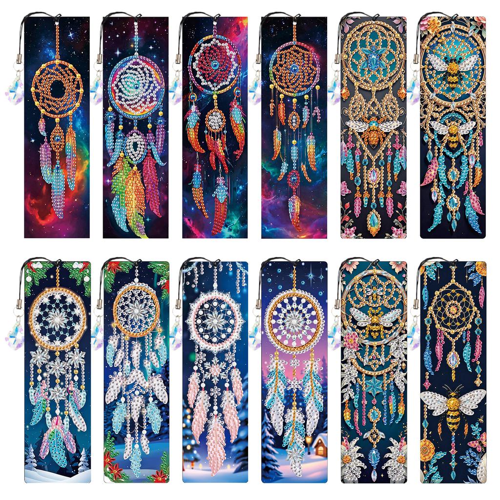 12Pcs DIY Diamond Painting Bookmark with Crystal Pendant Water Diamond Art Bookmark Gift for Book Lovers Mosaic Art Supplies