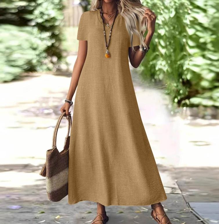 Women's V-Neck Short Sleeve Ankle-Length Maxi Dress In 12 Colors, Casual Loose Fit with Crossbody Bag