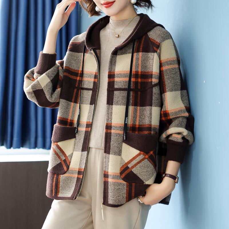 Women's Mid-Length Hooded Plaid Knit Cardigan Coat