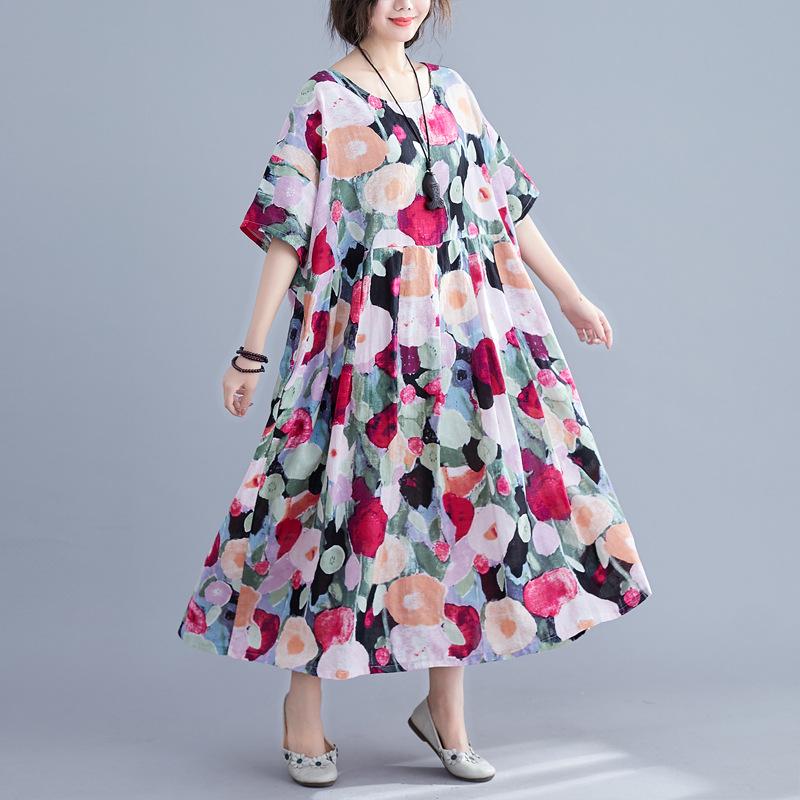 

2023 Summer Plus Size Loose Fit Floral Swing Dress for Women One Size