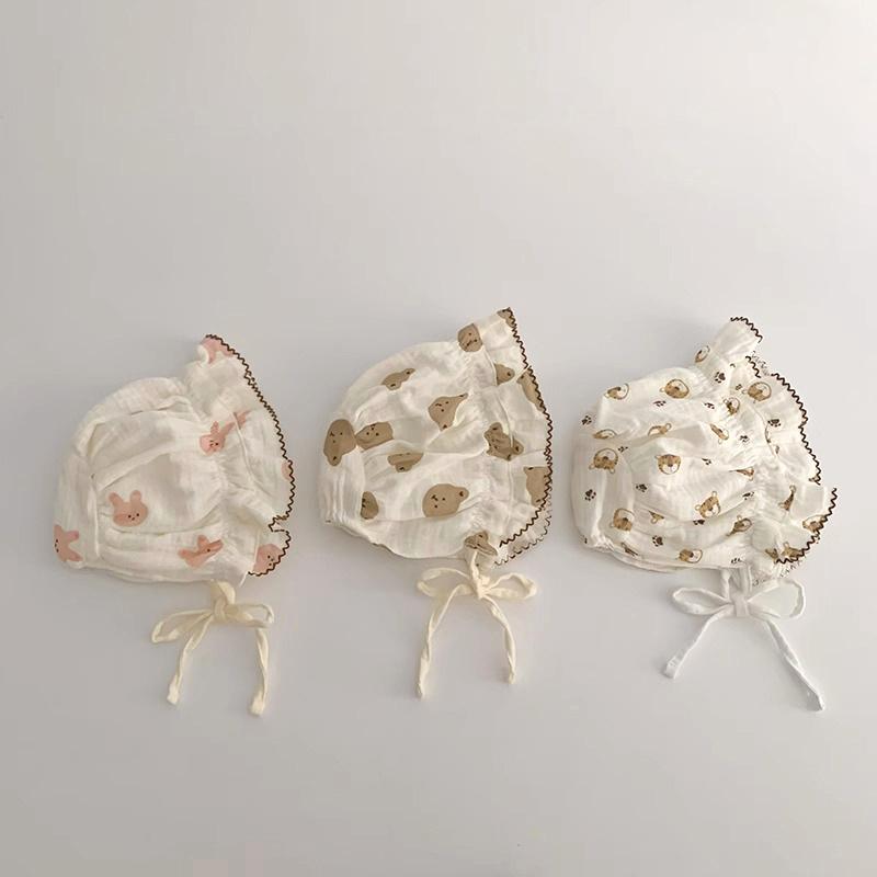 Summer Newborn Baby Hat Cute Bear Rabbit Flower Print Beanie Cap for Baby Girl Soft Cotton Lace-up Infant Princess Caps Bonnet
