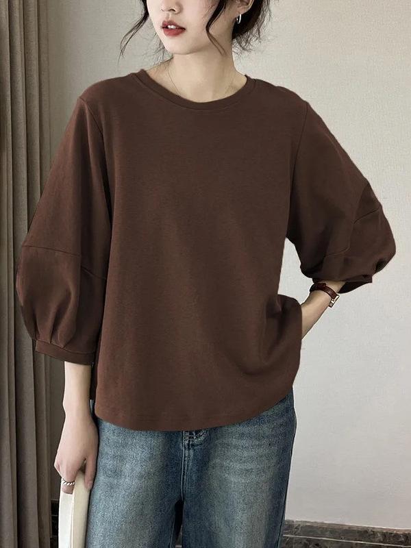 Women's Retro Lantern Sleeve T-Shirt - Hong Kong Style, Casual 3/4 Sleeve Top, Spring/Summer 2026 Collection