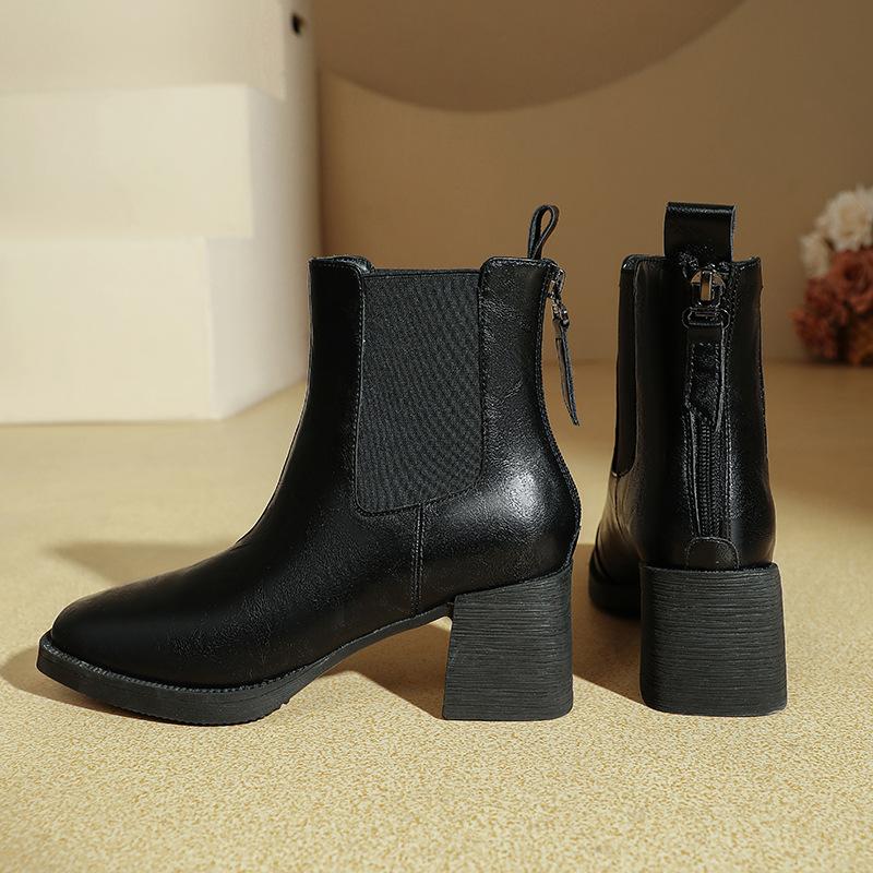 High-heeled Short Boots 2025 Winter New Thick-heeled Brown Boots Women's Medium Boots Fashion Square Head Elastic Women's Leather Boots