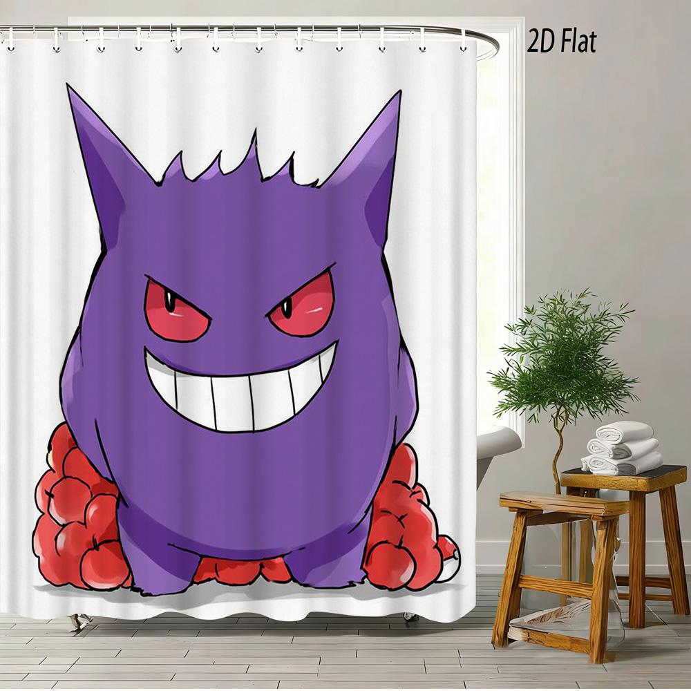 Pokmon Sword And Shield Bede & Allister With Chansey & Gengar Playful Prank Scene 2D Print Waterproof Shower Curtain, Clean Whi
