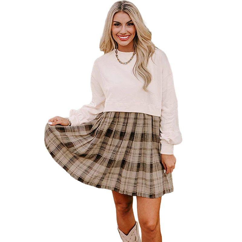 

American Shiying Retro Patchwork Sweater Dress Women 2025 Fall and Winter New Arrival Printed Checks High Waist Short Skirt Apricot color Size XL fit (70.00 kg-75.00 kg