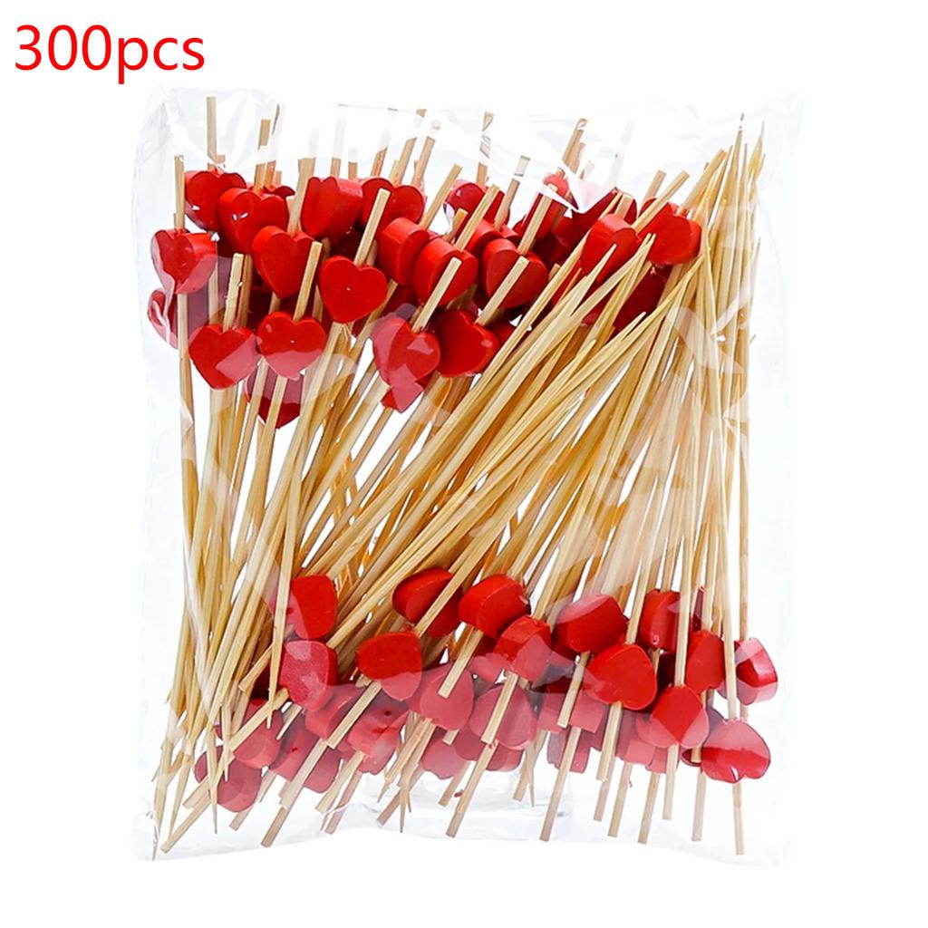 100/200Pcs Red Heart Fruit Sticks Disposable Bamboo Sticks Valentines Day Party Supplies Wedding Bridal Shower Birthday Decor