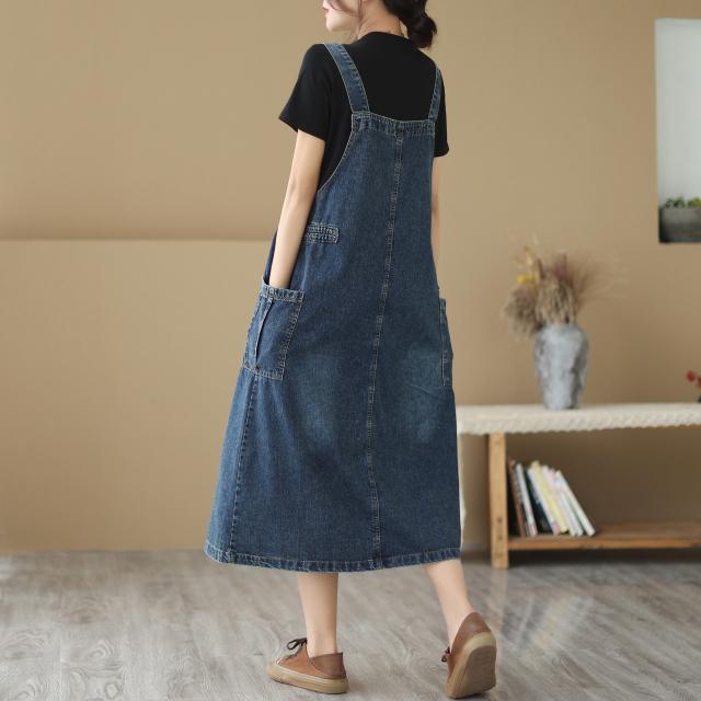 Plus Size Women's Autumn Denim Suspender Skirt - Mid-Length Sleeveless Dress