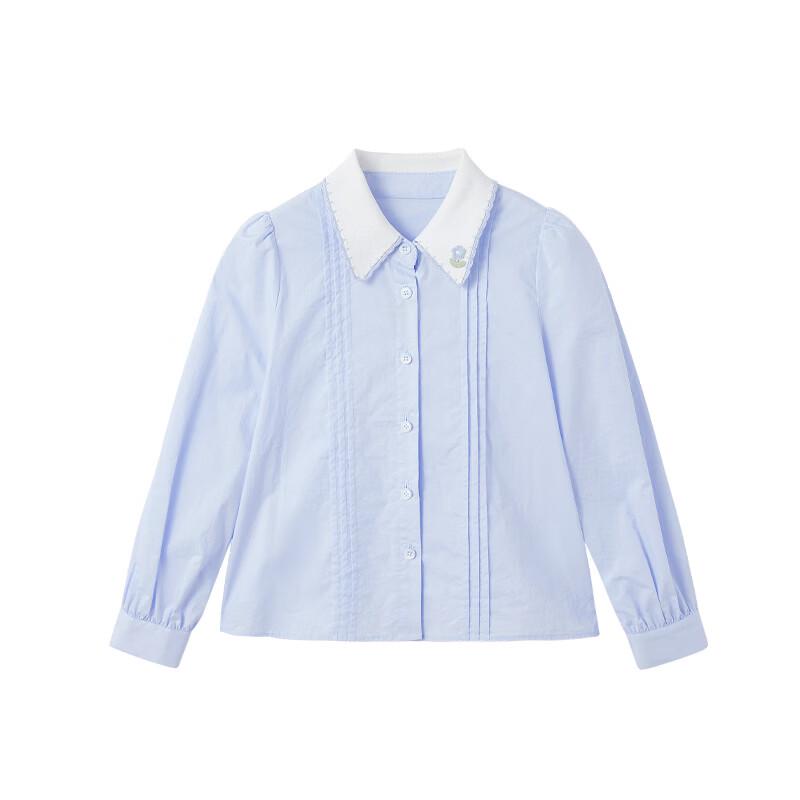 Chanzuigou Girls' 2026 Spring Baby Blue Knitted Flower Cotton Shirt