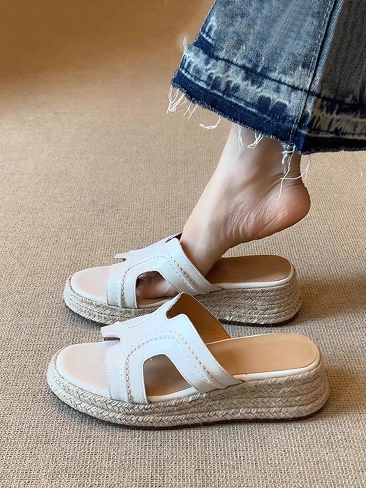 Sheepskin Version~ Genuine Leather Ruth Thick-soled One-word Slippers for Women's Summer Wear Straw-woven Muffin Shoes, High-heeled Cool Slippers