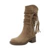 Spot Wasteland wind woven fringed retro short boots women's 2025 autumn and winter new thick heel western medium tube knight boots
