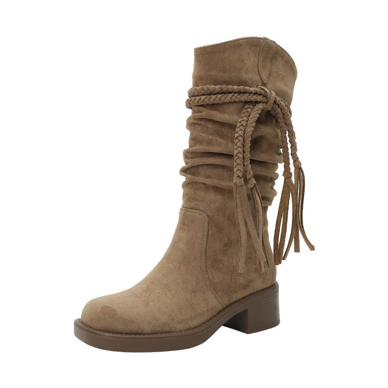 Spot Wasteland Wind Woven Fringed Retro Short Boots Women's 2025 Autumn and Winter New Thick Heel Western Medium Tube Knight Boots