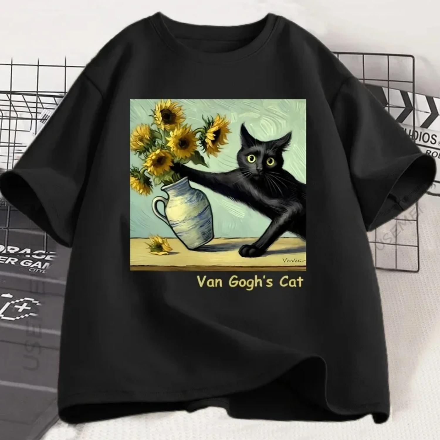 

Van Gogh s Cat Art Print T Shirt Funny Graphci T Shirts Trendy Summer Loose Short Sleeved T-shirt Women Harajuku Top S чёрный