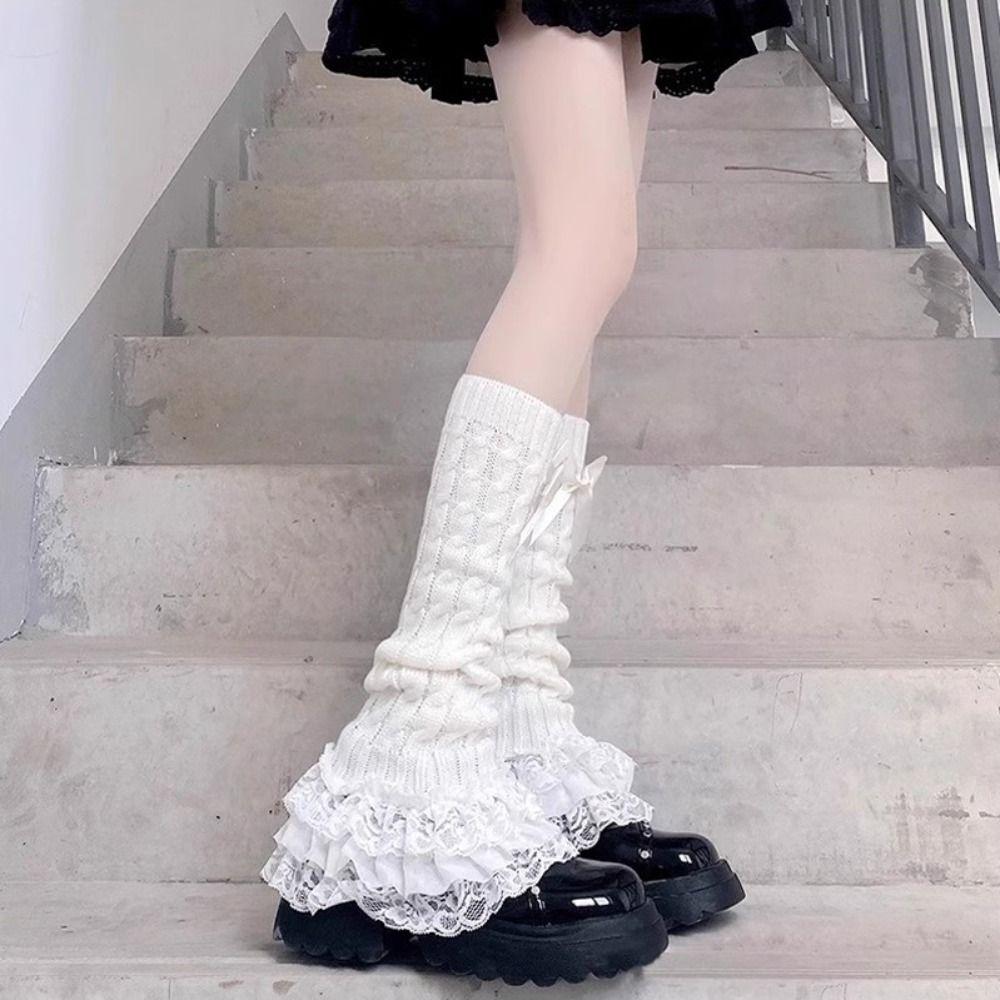 Lace Trim Knitted Leg Warmer Warm Knitted Fabric Bow Tiered Socks Japanese Style