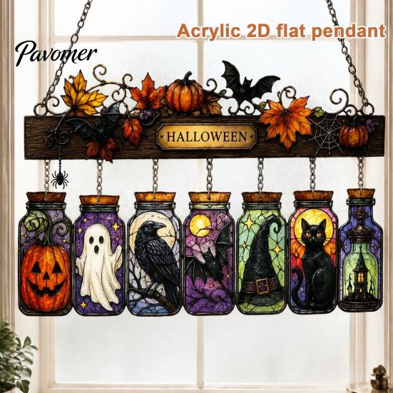 Transparent Three Dimensional Decor Halloween Acrylic Suncatcher, Stained Glass Style Pumpkin Ghost Potion Bottles Window Creative Hanging Gift Ideas