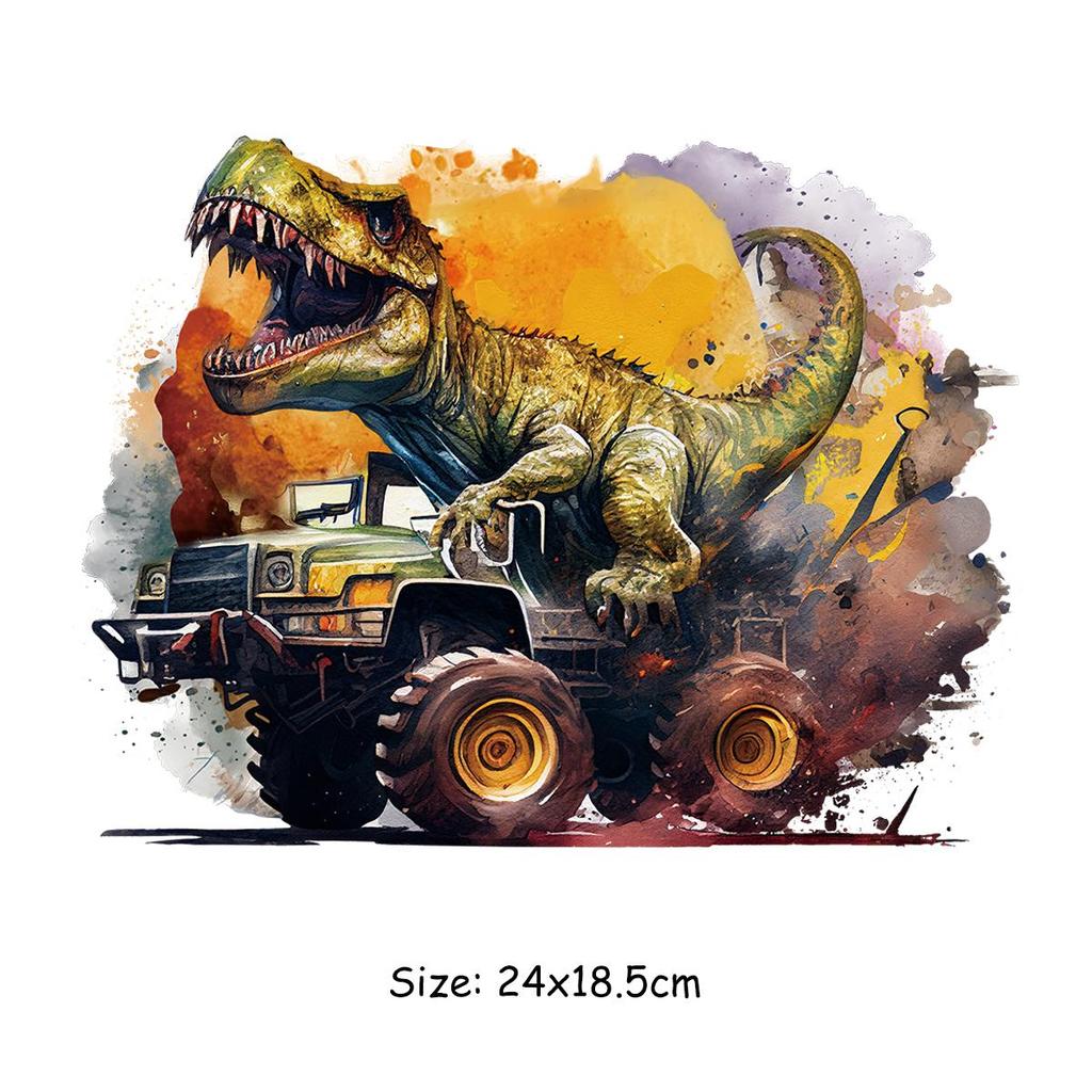 Dinosaurlapper Cartoon Truck Varmeklebende overføring Kunst Håndverk Strykeklær Applikert gjør-det-selv-tilbehør Strykelapper Dyr
