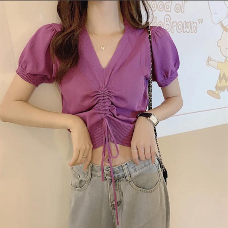 Solid Color Design Sense Niche Short Knitted V Neck T-shirt Korean Style Chic Top Summer Style Bottoming Shirt Women