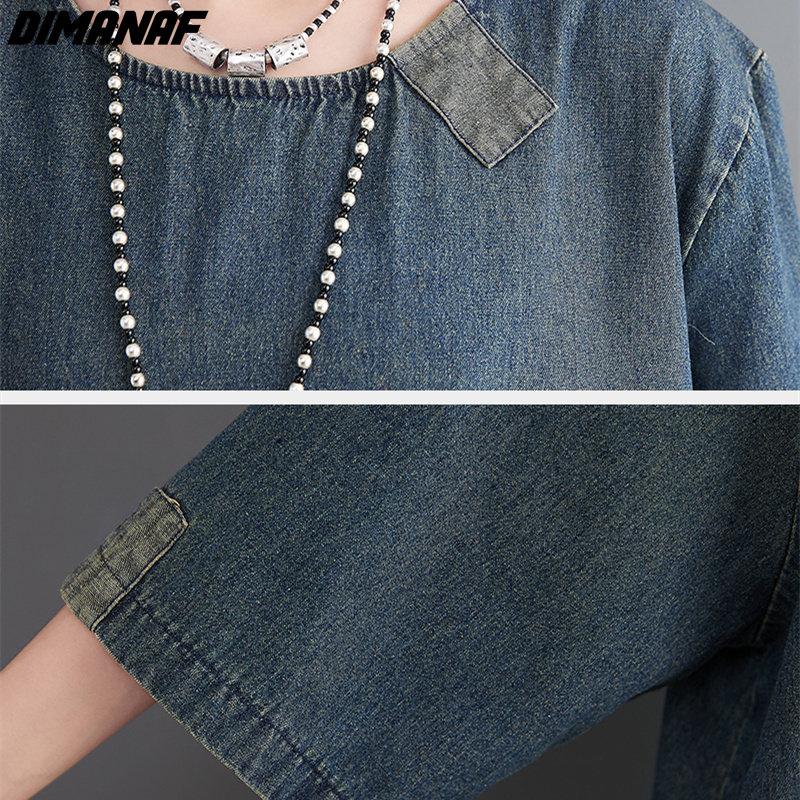 DIMANAF Plus Size Women 2025 New Dress Denim Autumn Long Sleeve Vintage Dress Long Dress Loose Dress Blue Basic Dresses