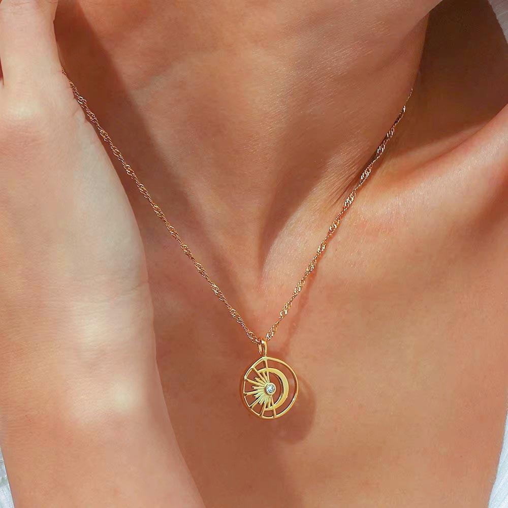 MamacitaSlay 316L Stainless Steel Zircon Sun Moon Necklace 18K Gold Plated Waterproof Neck Jewelry Women's Creative Necklace