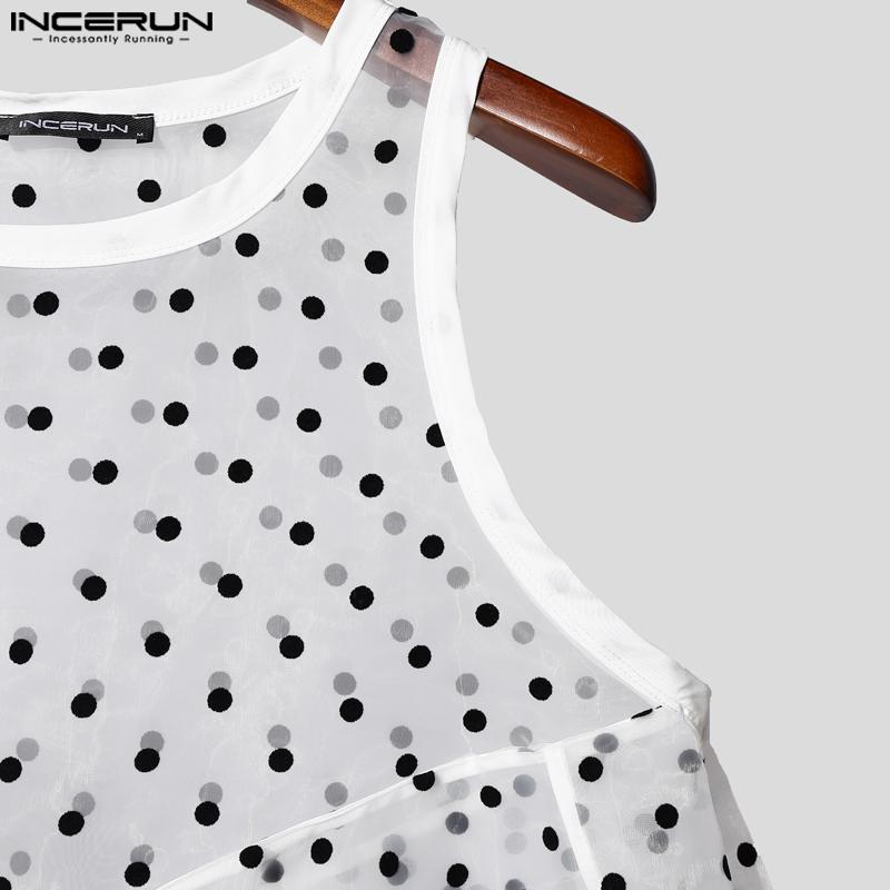 INCERUN Men Sleeveless See Through Mesh Sheer Ruffled Polka Dot Tank Tops