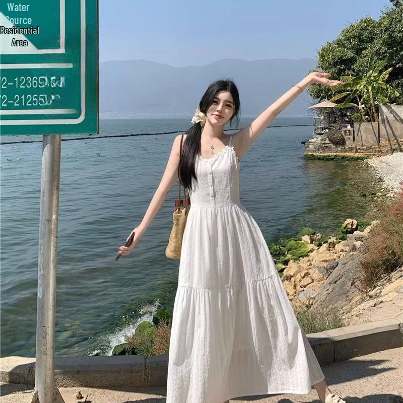 2026 French Summer White Dress & Spaghetti Strap with Knit Sun Protection Cardigan Set