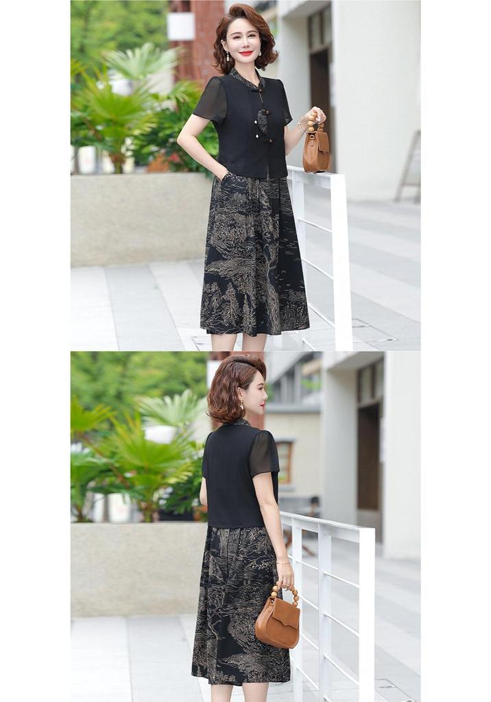 Stylish Chiffon Summer Dress for Middle-Aged & Elderly Women - Short Sleeve, Waist-Cinching Design