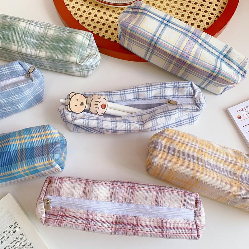 Large-capacity Plaid Pattern Pencil Case Kawaii Pencil Bag Funny Pencilcase Cartoon Students School Supplies Cosmetic Bag