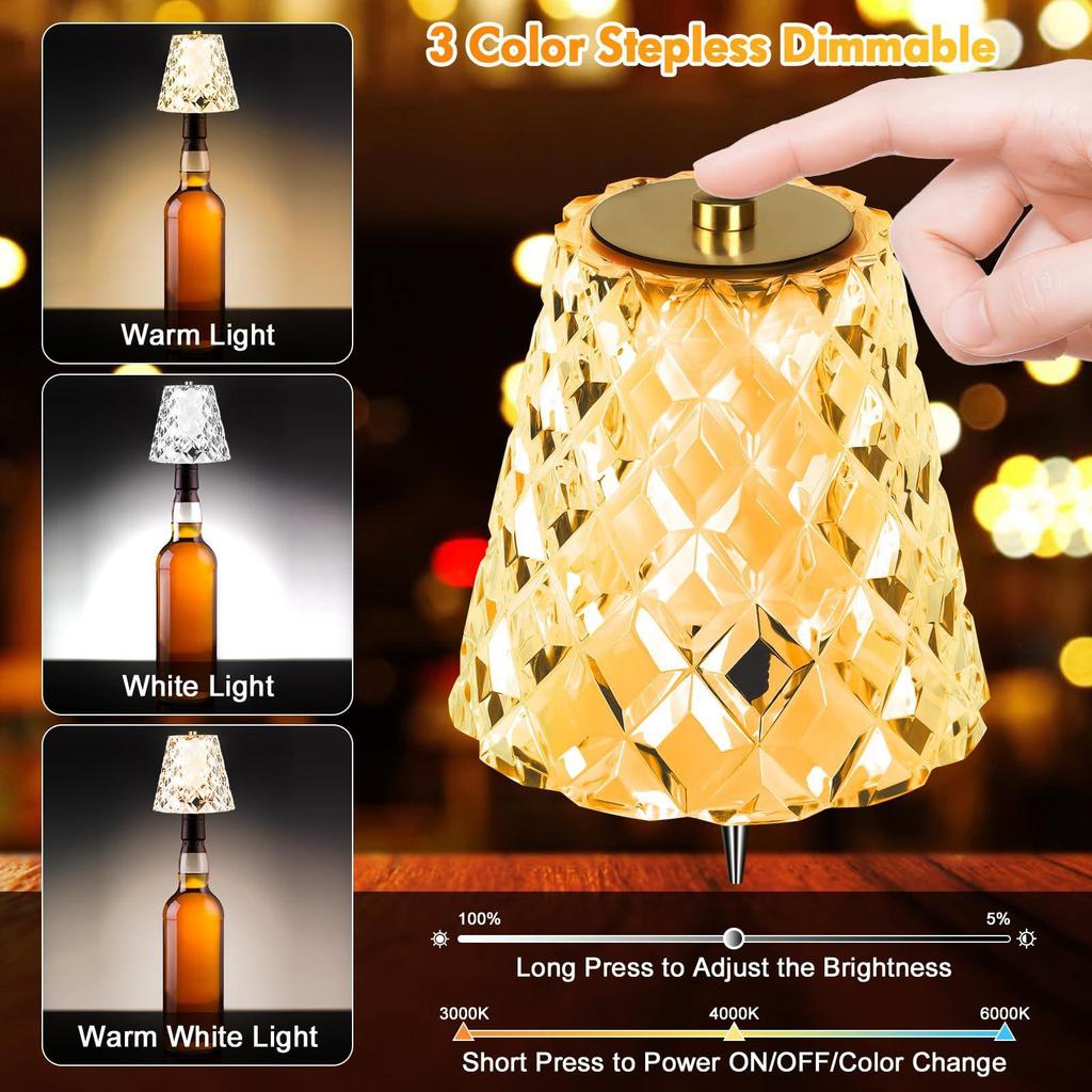 3 Color Wireless Bottle Lamp Touch Dimming Cordless Lampshade Rechargeable Wine Bottle Lights for Bedroom Living Room Kitchen